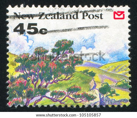 NEW ZEALAND - CIRCA 1992: stamp printed by New Zealand, shows Scenic Views of New Zealand, Tree, hills, circa 1992