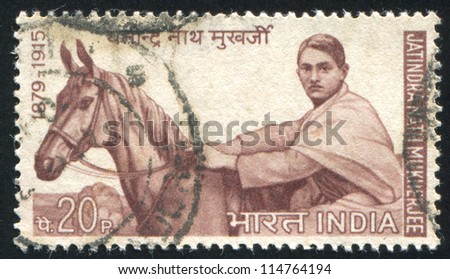 INDIA - CIRCA 1970: stamp printed by India, shows revolutionary leader Jatindra Nath Mukherjee, horse and rider, circa 1970