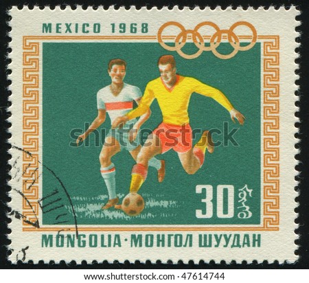 MONGOLIAN - CIRCA 1968: Olympic Rings and soccer, circa 1968.