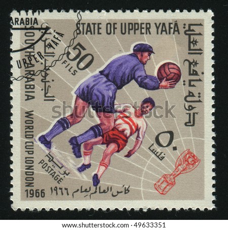 SOUTH ARABIA - CIRCA 1966: stamp printed by South Arabia, shows soccer players and ball, circa 1966.