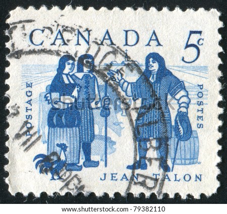 CANADA - CIRCA 1962: stamp printed by Canada, shows Jean Talon Presenting Gifts to Young Farm Couple, circa 1962