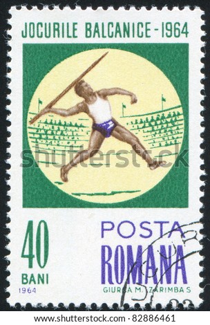 ROMANIA - CIRCA 1964: stamp printed by Romania, show Javelin throw, circa 1964.