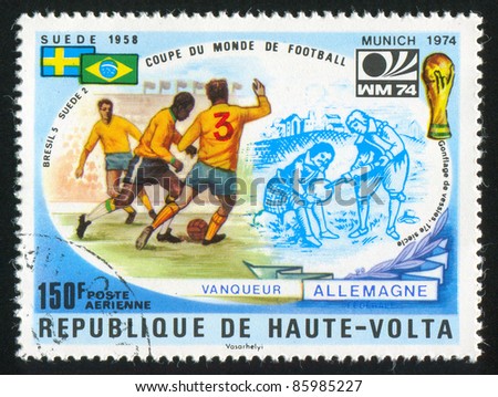 BURKINA FASO - CIRCA 1974: A stamp printed by Burkina Faso, shows football, World Cup, circa 1974.
