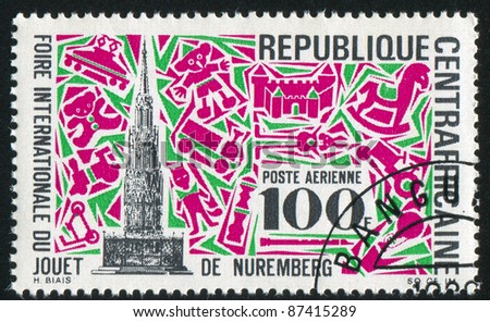 CENTRAL AFRICAN REPUBLIC 1969: A stamp printed by Central African Republic, shows Market Cross, Nuremberg, and Toys, circa 1969