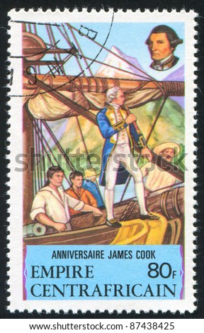 CENTRAL AFRICAN REPUBLIC 1978: stamp printed by Central African Republic, shows Captain Cook on â??Endeavour\