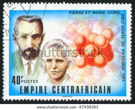 CENTRAL AFRICAN REPUBLIC - CIRCA 1977: stamp printed by Central African Republic, shows Nobel Prize, Pierre and Marie Curie, circa 1977