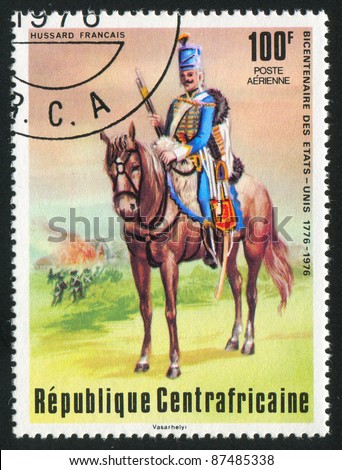 CENTRAL AFRICAN REPUBLIC - CIRCA 1976: A stamp printed by Central African Republic, shows French Hussar, circa 1976