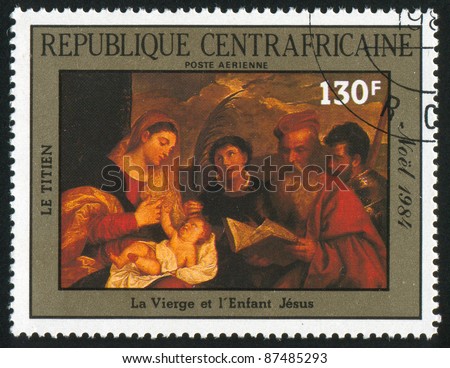 CENTRAL AFRICAN REPUBLIC - CIRCA 1985: A stamp printed by Central African Republic, shows Painting by Titian, Virgin and Infant Jesus, circa 1985