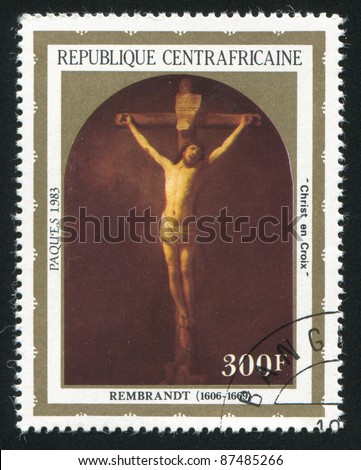 CENTRAL AFRICAN REPUBLIC - CIRCA 1983: A stamp printed by Central African Republic, shows Rembrandt Painting, Crucifixion, circa 1983