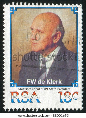 SOUTH AFRICA - CIRCA 1989: stamp printed by South Africa, shows Frederik Willem de Klerk, circa 1989.
