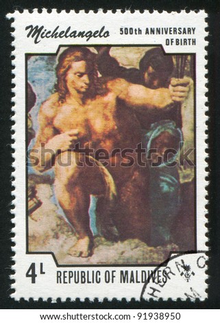 MALDIVE ISLANDS CIRCA 1975: stamp printed by Malldive Islands, shows Paintings from Sistine Chapel, Michelangelo, circa 1975