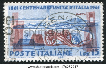 ITALY - CIRCA 1961: stamp printed by Italy, shows Cavalli gun and Gaeta fortress, circa 1961