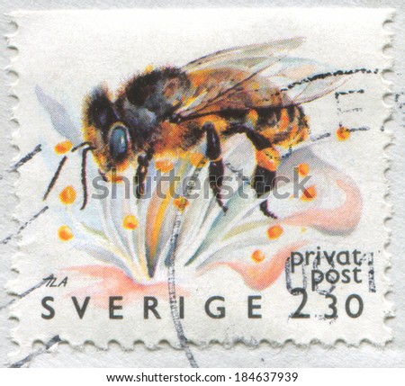SWEDEN - CIRCA 1990: stamp printed by Sweden, shows Worker bee collecting nectar, circa 1990
