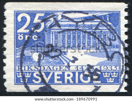 SWEDEN - CIRCA 1935: stamp printed by Sweden, shows House of the Nobility in Stokholm, circa 1935