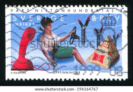 SWEDEN - CIRCA 1999: stamp printed by Sweden, shows Cobra telephone, three-point  seat belt, ASEA high voltage cables and breakers, circa 1999