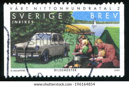 SWEDEN - CIRCA 1999: stamp printed by Sweden, shows Volvo Amazon car, family picnic, circa 1999