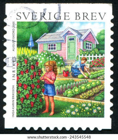 SWEDEN - CIRCA 2005: stamp printed by Sweden, shows Girl near shrub, man tending vegetable garden, circa 2005