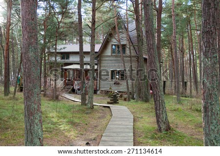 Old wooden house in the woods. Autumn season. Pine forest.