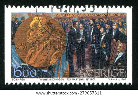 SWEDEN - CIRCA 1995: stamp printed by Sweden, shows Nobel Prize Fund Established, Wilhelm Rontgen receiving the first physics prize, circa 1995