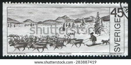 SWEDEN - CIRCA 1970: stamp printed by Sweden, shows Reindeer herd and herdsman, circa 1970