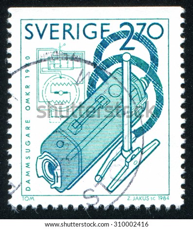 SWEDEN - CIRCA 1984: stamp printed by Sweden, shows Fan suction vacuum cleaner, Axel Wennergren, circa 1984