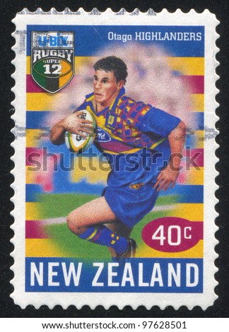 NEW ZEALAND - CIRCA 1999: A stamp printed by New Zealand, shows New Zealand U-Bix Rugby Super, Highlanders, circa 1999