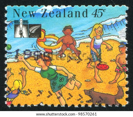 NEW ZEALAND - CIRCA 1995: stamp printed by New Zealand, shows People Playing Games on the Beach, circa 1995