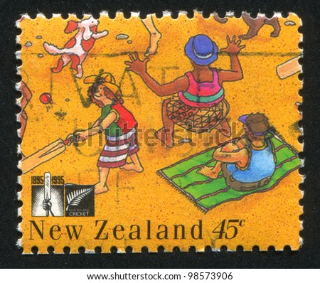 NEW ZEALAND - CIRCA 1995: stamp printed by New Zealand, shows People Playing Cricket on the Beach, circa 1995
