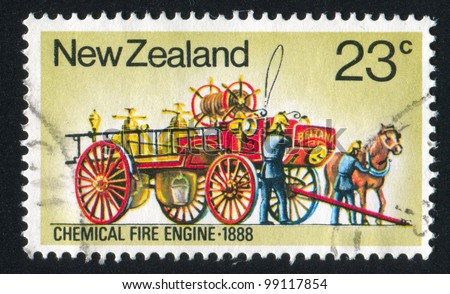NEW ZEALAND - CIRCA 1977: stamp printed by New Zealand, shows Fire Fighting Equipment: Chemical fire engine, circa 1977