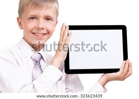 student in a tie on a white background holding a horizontal tablet in his hands and looking into the camera, picture with depth of field, Selective focus on tablet