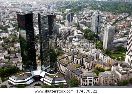 FRANKFURT AM MAIN, GERMANY, MAY The 3rd 2014: Aerial shot of  Frankfurt am Main, Germany. Frankfurt is the largest city in the German state of  Hesse  and the financial centre of Germany.