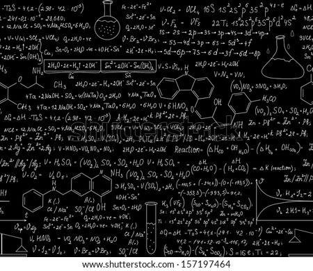 Beautiful chemistry seamless pattern with equations, formulas and laboratory equipment