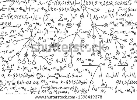 Scientific vector seamless pattern with handwritten formulas of nuclear physics nd math