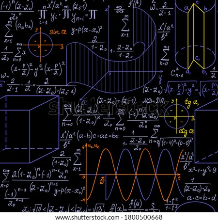 Mathematical vector seamless pattern with figures, formulas, plots, geometry tasks and other calculations, different colors.