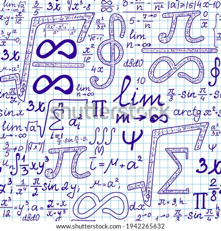 Math vector seamless pattern with handwritten formulas, infinity symbols, square root expressions