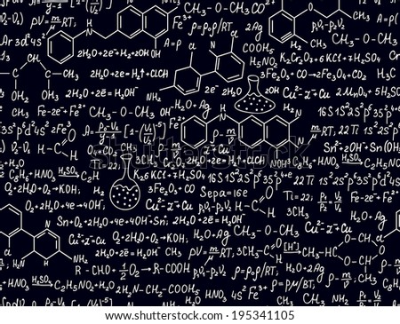 Beautiful chemistry vector seamless pattern with formulas and laboratory equipment