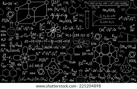 Chemistry vector seamless pattern with plots, formulas and laboratory equipment