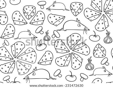 Beautiful vector seamless pattern with funny mice and different food: pizza, cheese slices, mushrooms, tomatoes and onion