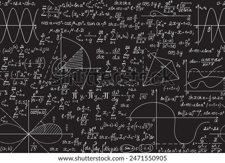 Math endless vector texture with handwritten mathematical formulas, equations and geometry figures