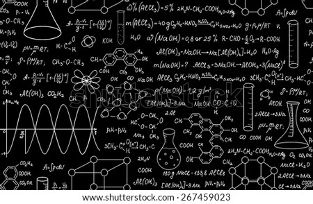 Beautiful educational chemistry vector seamless pattern with plots, formulas and laboratory equipment. Scientific background. Endless texture