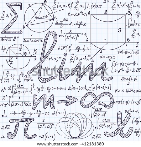 Algebraic vector seamless texture with many various mathematical signs, calculations, formulas. Math endless pattern, handwritten on a grid copybook paper