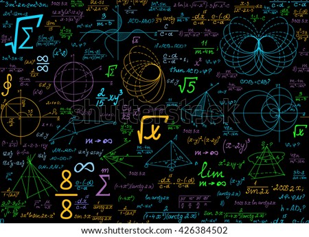 Math multicolored vector seamless pattern with geometrical plots, formulas and calculations. Education colorful endless texture. You can use any color of background