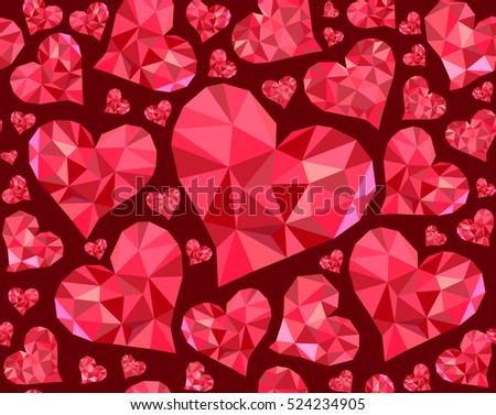 Beautiful Valentine's day vector seamless pattern with red polygonal hearts, ruby colors