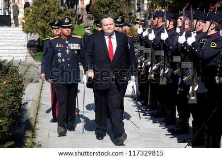 THESSALONIKI, GREECE - APRIL 25: Evagelos Venizelos, Greek Minister of Defense, inspects of honorary army squad, on April 25, 2011, Thessaloniki, Greece.