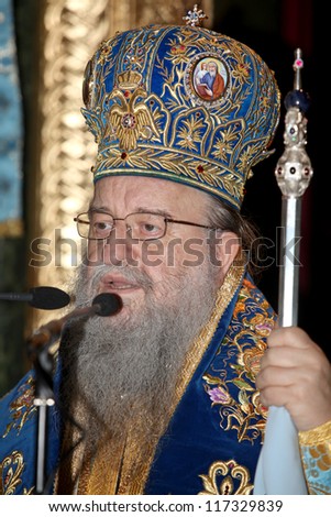THESSALONIKI, GREECE - MARCH 25: Anthimos bishop of Thessaloniki, on public speech inside Agia Sofia Cathedral, on March 25, 2011, Thessaloniki, Greece.