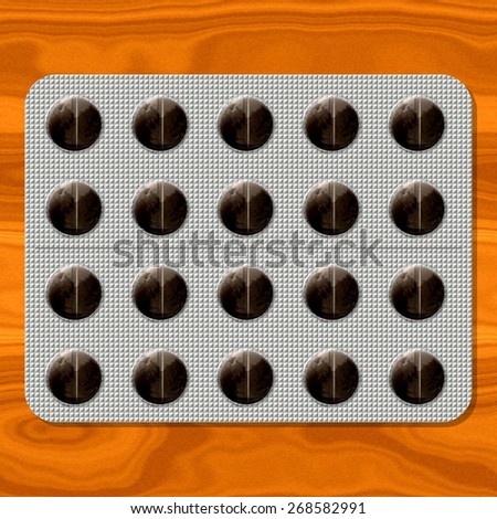 Brown round pills in blister on wooden texture - digitally rendered graphic