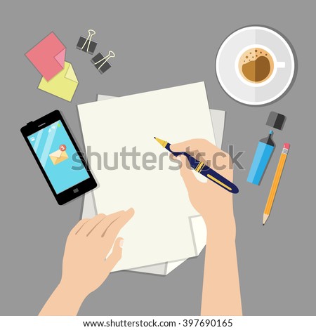 Hand with pen writing on a paper sheet. Overhead point of view. Modern flat design concept. Vector flat illustration.