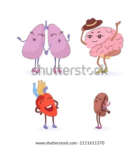 funny cute internal organs, illustration of human organ with face, arms and legs, cartoon image of anatomical body parts, brain, lungs, heart, spleen