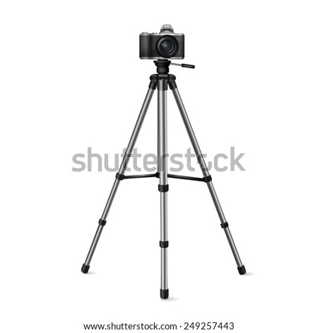 camera on a tripod, vector image realistic camera in black on a white background