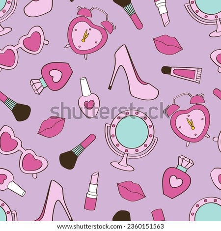 seamless pattern with cosmetic, sunglasses, mirror, High heels